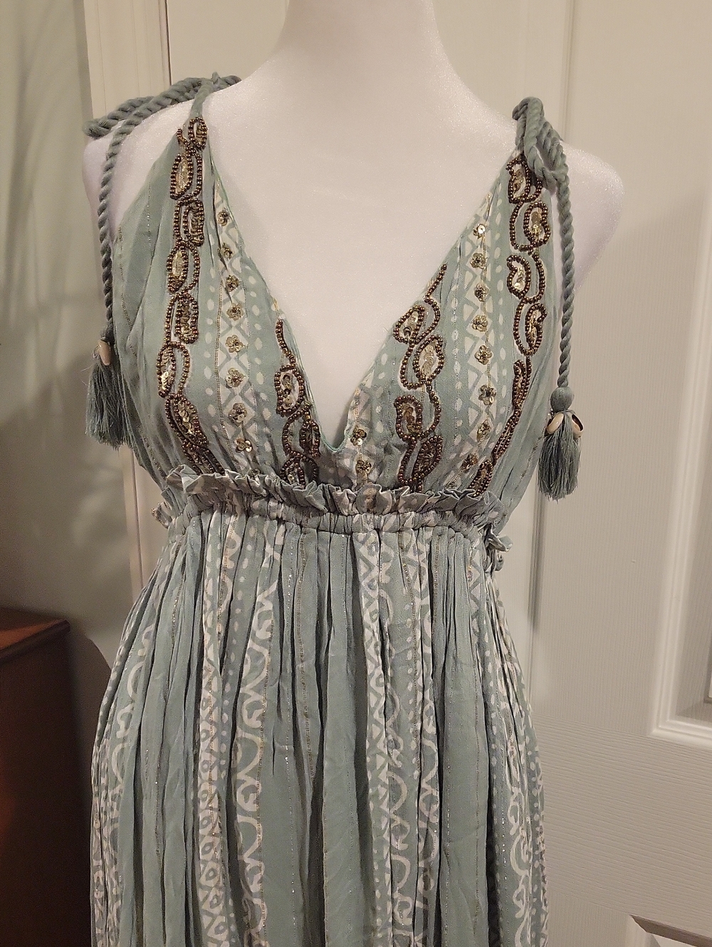 Boho V-Neck Sage Green Maxi Dress with Tassel Straps
